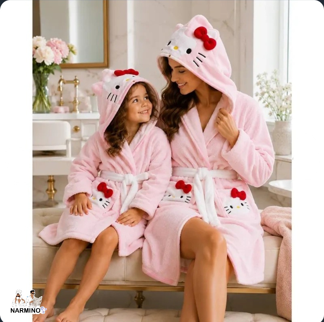 تنپوش حوله طرح کیتی میکرو نخ بدون آبرفت جذب سریع + لیف رایگان سایز بندی بزرگسال کوچکسال